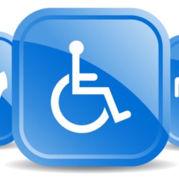 The image is made up of five icons in a row. The first icon is the symbol for hearing loss, the second symbol is for sign language, the centre symbol is a wheelchair, the fourth is accessible toilets, and the fifth is for assistive/guide dogs.